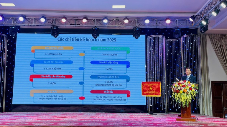 Giám đốc Công ty TNHH Một thành viên Điện lực Ninh Bình Trần Đăng Sơn phát biểu tại hội nghị.