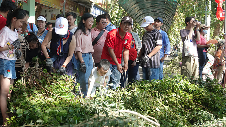 Các du khách tham gia hoạt động bó lá để cho gia đình hươu cao cổ ăn.