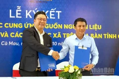 Phó Chủ tịch Hội đồng quản trị Thanh Niên Global Nguyễn Văn Phú (bìa trái) ký kết hợp tác với Hợp tác xã Cua Muối Cà Mau. 