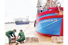 Chiến sĩ Đồn Biên phòng Roòn giúp ngư dân neo buộc tàu cá tránh trú bão số 12.