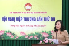 Đồng chí Huỳnh Thị Hằng, Phó Bí thư Tỉnh ủy, Chủ tịch Ủy ban Mặt trận Tổ quốc Việt Nam tỉnh Đồng Nai phát biểu tại hội nghị.