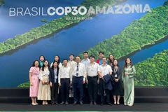 Đoàn đại diện thanh, thiếu niên Việt Nam tham dự COP30 chụp ảnh kỷ niệm cùng Thứ trưởng Nông nghiệp và Môi trường Lê Công Thành tại Brazil.