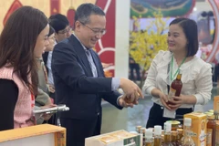 Đại diện Jetro Hà Nội chăm chú quan sát sản phẩm nông sản chất lượng cao.