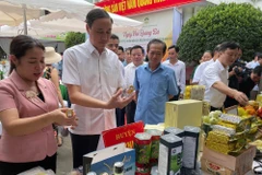 Các đại biểu tham quan gian hàng trưng bày các sản phẩm OCOP và nông sản tiêu biểu của các địa phương.