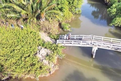 Cây cầu dân sinh được xây dựng ở khu vực Lộ Tẻ đã lâu nhưng không đường dẫn, không có móng kiên cố nằm giữa đồng không mông quạnh.