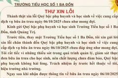 Thư xin lỗi phụ huynh và học sinh của Hiệu trưởng Trường tiểu học số 1 Ba Đồn, phường Ba Đồn, tỉnh Quảng Trị về bữa ăn chưa bảo đảm chất lượng.