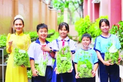 Cô trò Trường tiểu học Đặng Trần Côn (phường Vĩnh Hội) thu hoạch rau tại vườn.