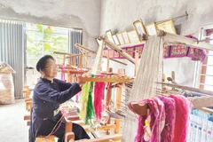 Nghệ nhân Nông Thị Thược thực hành kỹ thuật dệt thổ cẩm. Ảnh: Văn Học 