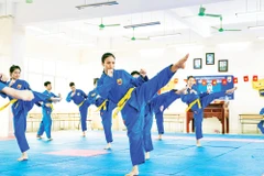 Các VĐV đội tuyển Vovinam tập luyện tại Trung tâm Huấn luyện và Thi đấu TDTT tỉnh. Ảnh: B.TH