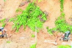 Khắc phục một vị trí sạt lở ta-luy dương trên Tỉnh lộ 259.