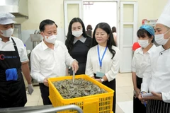 Đoàn công tác của thành phố Hà Nội kiểm tra đột xuất bếp ăn tập thể trường Tiểu học Đông La, xã An Khánh. (Ảnh: THU MINH)