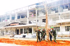 Cán bộ, chiến sĩ Bộ Chỉ huy quân sự thành phố Huế tham gia hỗ trợ thi công tại các điểm trường.