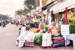 Các hộ kinh doanh trên đường Hải Thượng Lãn Ông bày hàng hóa lấn chiếm đường giao thông. (Ảnh HƯƠNG MỸ)