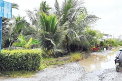 Mặt đường ô-tô về trung tâm xã Tân Tiến hầu như không còn chỗ lành, phương tiện lưu thông phải nhích từng chút vì không còn con đường nào khác về xã.