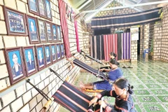 Các nghệ nhân Câu lạc bộ dệt thổ cẩm làng Phung cần mẫn bên khung cửi.