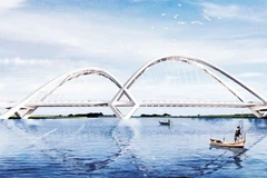 Cầu vượt sông Thái Bình khai thác hình tượng cánh cò cất cánh từ nơi sông nước và bờ bãi bình yên.