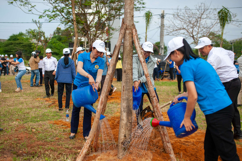 Các đại biểu và cán bộ hội viên, phụ nữ tham gia trồng cây