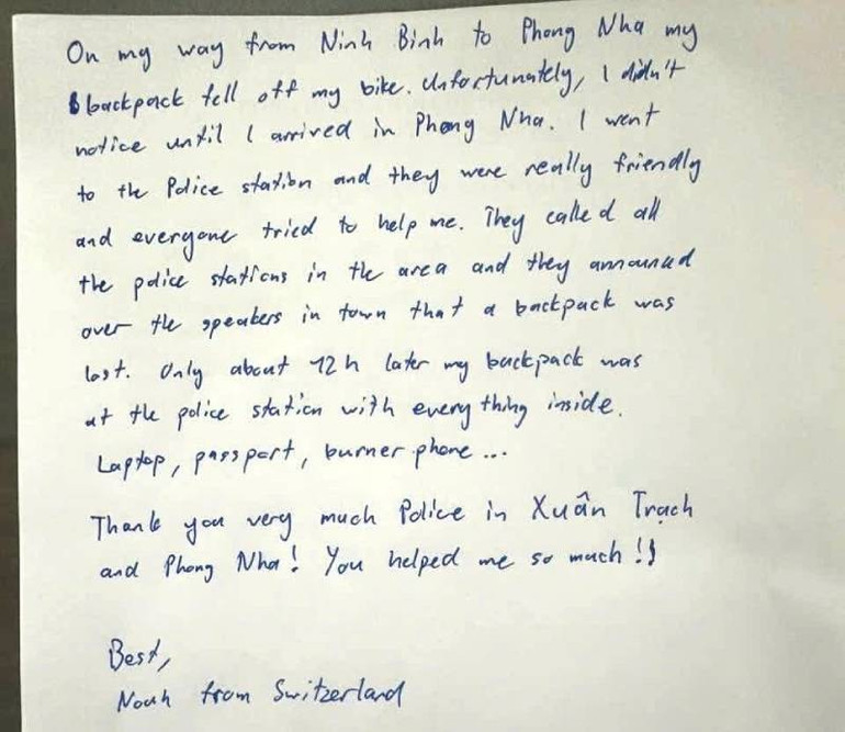 Thư cảm ơn của du khách người Thụy Sĩ gửi công an các địa phương ở Quảng Bình.