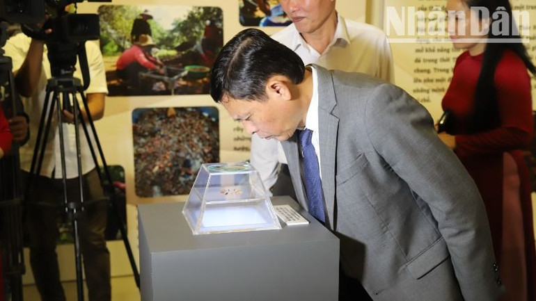 Phó Chủ tịch Thường trực Ủy ban nhân dân tỉnh Đắk Lắk Nguyễn Tuấn Hà chiêm ngưỡng “Bộ Sưu tập mũi khoan đá Thác Hai” - Bảo vật quốc gia đầu tiên của tỉnh Đắk Lắk.