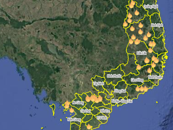 Một góc bản đồ điểm cháy ngày 14/4/2025. (Nguồn: Cục Lâm nghiệp và Kiểm lâm)