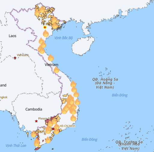 Các điểm cháy sáng ngày 21/4/2025 dày đặc trên Bản đồ vệ tinh. (Nguồn: Cục Lâm nghiệp và Kiểm lâm)