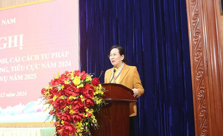 Đồng chí Lê Thị Thủy, Ủy viên Trung ương Đảng, Bí thư tỉnh ủy Hà Nam phát biểu tại hội nghị.