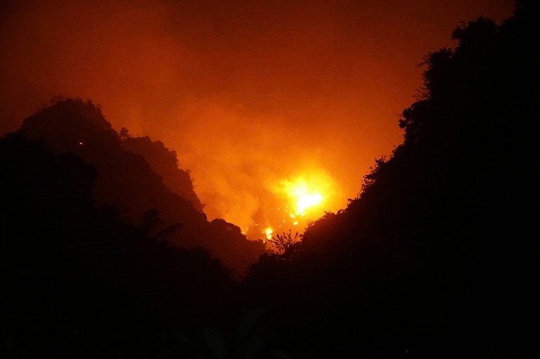 Do thời tiết hanh khô nhiều ngày, thảm thực bì dày kết hợp với gió mạnh nên đám cháy lan rất nhanh.