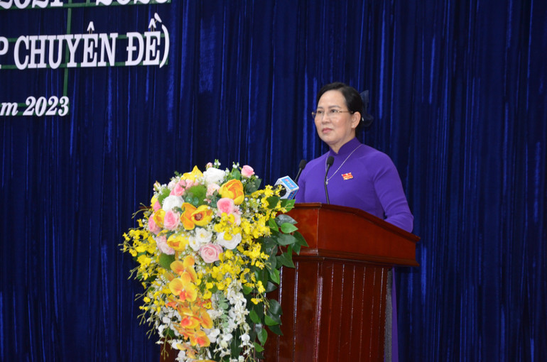 Đồng chí Lê Thị Thủy, Ủy viên Trung ương Đảng, Bí thư Tỉnh ủy, Chủ tịch Hội đồng nhân dân tỉnh Hà Nam phát biểu bế mạc kỳ họp.