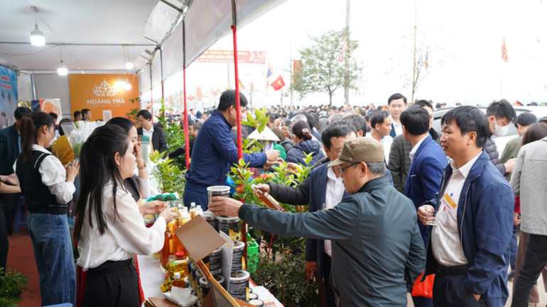 Người dân và du khách tham quan, mua sắm tại các gian trưng bày, giới thiệu sản phẩm nông nghiệp, tiểu thủ công nghiệp tiêu biểu của địa phương.