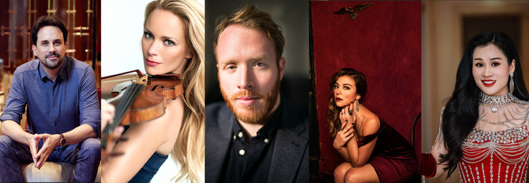 Các nghệ sĩ tham gia buổi hòa nhạc (từ trái sang): nhạc trưởng người Pháp Olivier Ochanine, “bậc thầy” vĩ cầm Caroline Campbell, cùng 3 giọng ca opera danh tiếng Oliver Johnston, Corinne Winters và Đào Tố Loan.