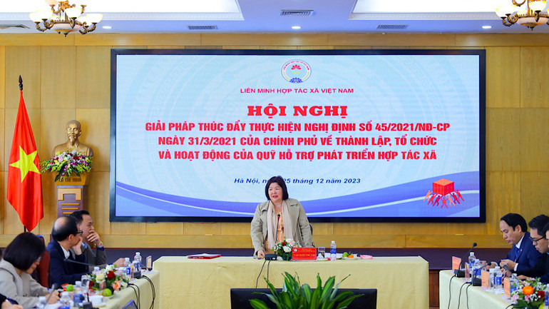 Chủ tịch Liên minh Hợp tác xã Việt Nam Cao Xuân Thu Vân phát biểu tại Hội nghị.