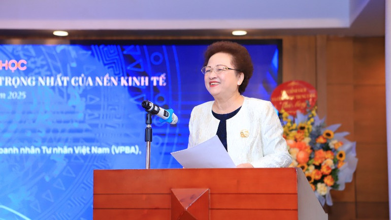 Bà Nguyễn Thị Nga, Phó Chủ tịch thường trực Hội Doanh nhân tư nhân Việt Nam, Chủ tịch Tập đoàn BRG, tham luận tại hội thảo.