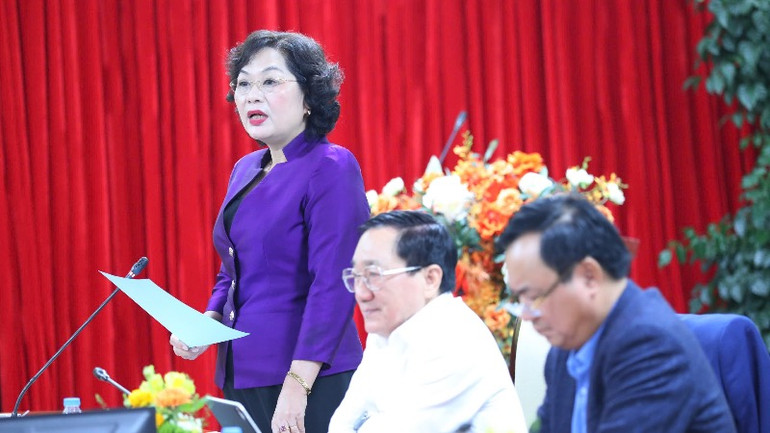 Thống đốc Ngân hàng Nhà nước kiêm Chủ tịch Hội đồng quản trị Ngân hàng Chính sách xã hội Nguyễn Thị Hồng phát biểu.