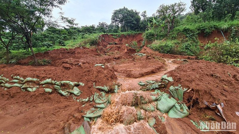Một vụ sạt lở đất kết hợp nước ngầm xuyên bên trong đất tràn ra ngoài tại thôn 1, xã Đắk Búk So huyện Tuy Đức, tỉnh Đắk Nông vẫn chưa được khắc phục.