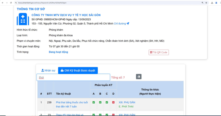 Thông tin phòng khám trên trang web: https://tracuu.khambenh.gov.vn của Sở Y tế Thành phố Hồ Chí Minh