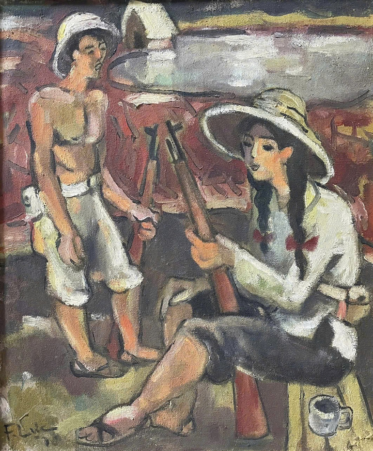 "Dân quân giải lao" (sơn dầu) - Phạm Lực.