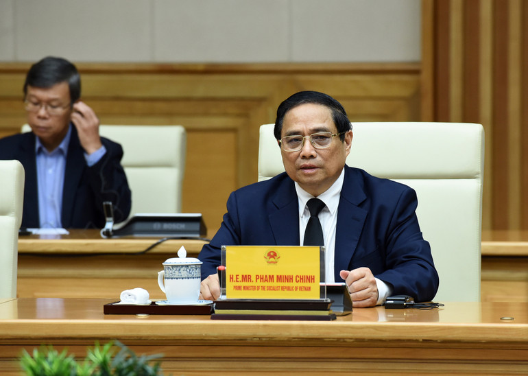 Thủ tướng Phạm Minh Chính phát biểu tại buổi tiếp Thủ tướng Hàn Quốc Han Duck Soo.