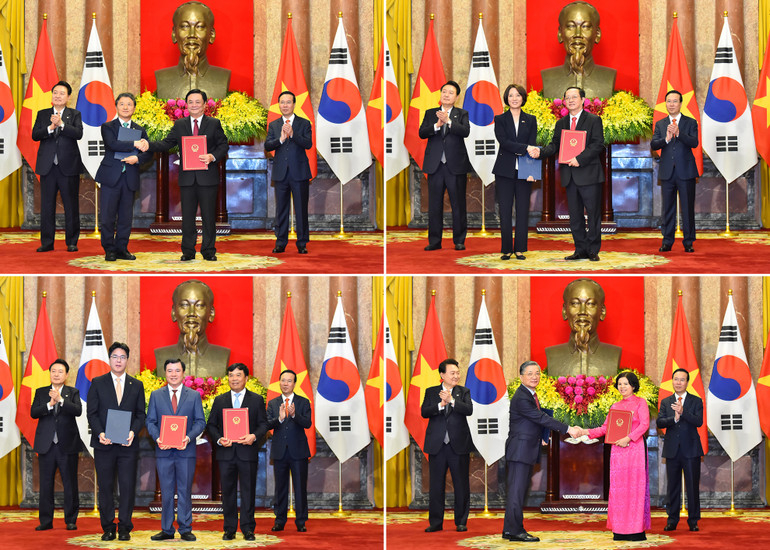 Tại buổi lễ, Chủ tịch nước Võ Văn Thưởng và Tổng thống Đại Hàn Dân Quốc Yoon Suk Yeo đã chứng kiến 17 văn kiện hợp tác, bản ghi nhớ trên nhiều lĩnh vực quan trọng giữa các bộ, ban, ngành và địa phương hai nước. Ảnh: THỦY NGUYÊN