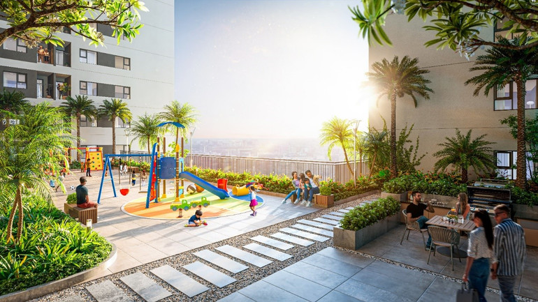 Phối cảnh một góc công viên và khu vui chơi trẻ em tại Legacy Prime. Dự án được đầu tư 30 tiện ích phục vụ cư dân.