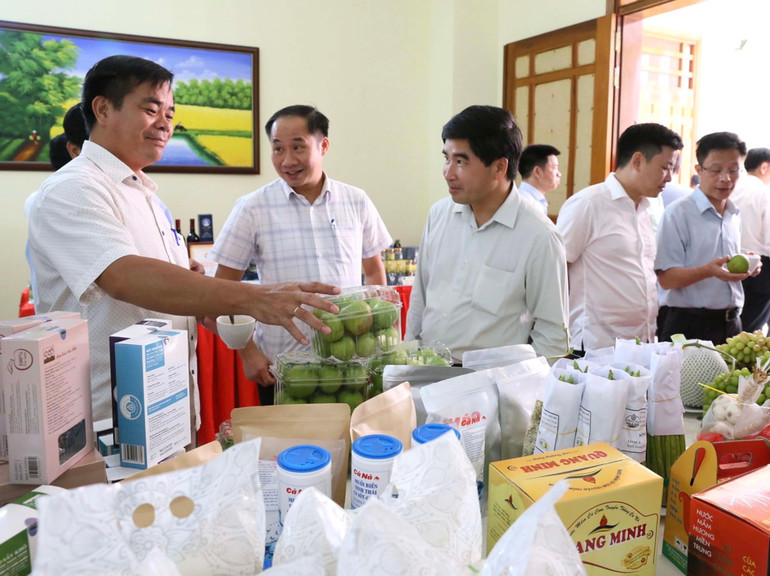 Các đại biểu tham quan những gian hàng trưng bày sản phẩm đặc trưng đem lại năng suất và lợi nhuận cao cho nông dân tỉnh Ninh Thuận trong quá trình thực hiện chuyển đổi cây trồng đem lại giá trị kinh tế cao tại những vùng khô hạn.