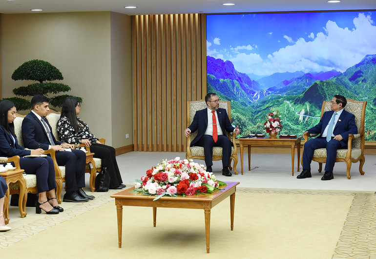 Các thành viên đi cùng Bộ trưởng Ngoại giao Cộng hòa Bolivar Venezuela Yvan Gil Pinto tham dự buổi tiếp.