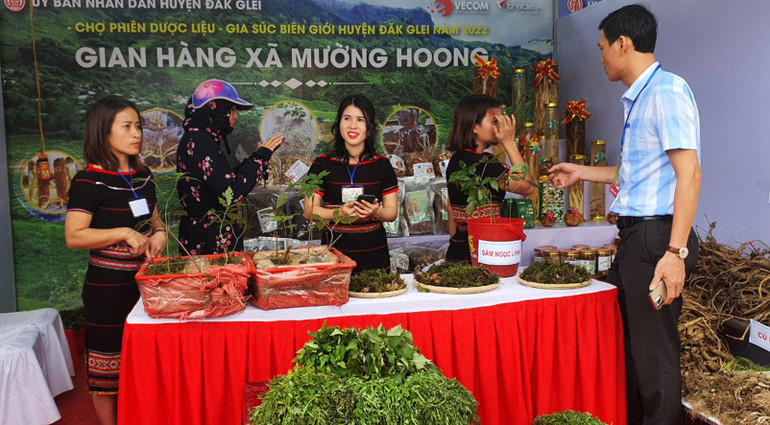 Gian hàng của xã Mường Hoong, huyện Đắk Glei trưng bày nhiều sản phẩm từ dược liệu. Gian hàng của xã Mường Hoong, huyện Đắk Glei trưng bày nhiều sản phẩm từ dược liệu.