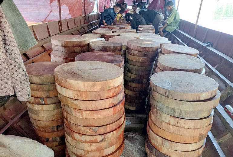 718 chiếc thớt nghiến tròn có đường kính từ 30cm đến 45cm nhìn còn mới nguyên, nồng mùi đặc trưng của gỗ nghiến.