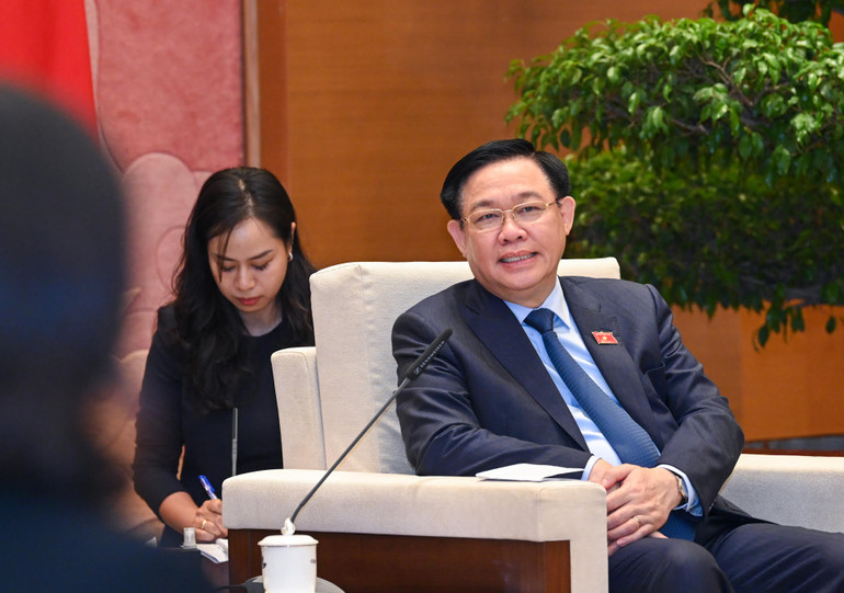 Chủ tịch Quốc hội Vương Đình Huệ phát biểu tại buổi tiếp.