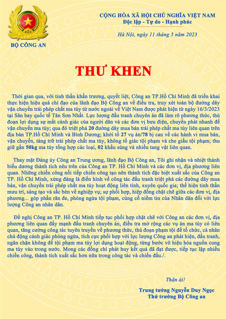 Nội dung thư khen.