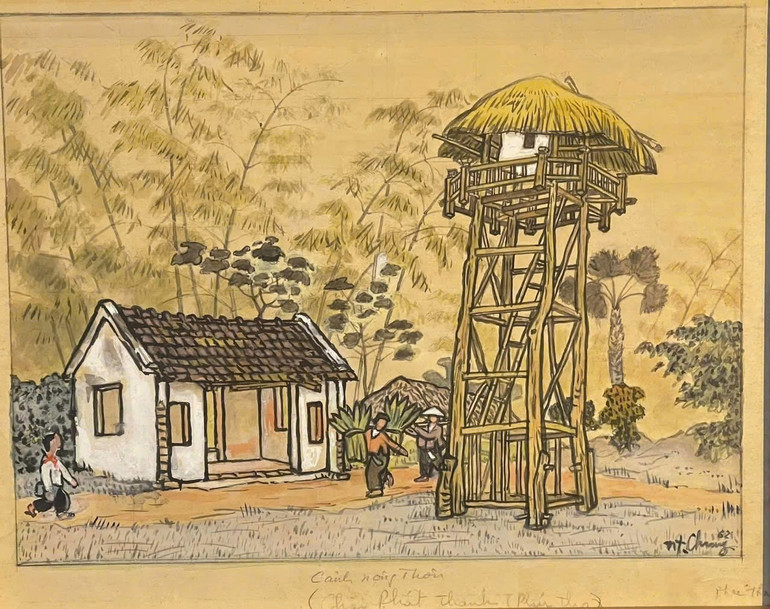 "Cảnh nông thôn (chòi đài phát thanh Phúc Thọ)" - Bột màu, Nguyễn Tiến Chung.