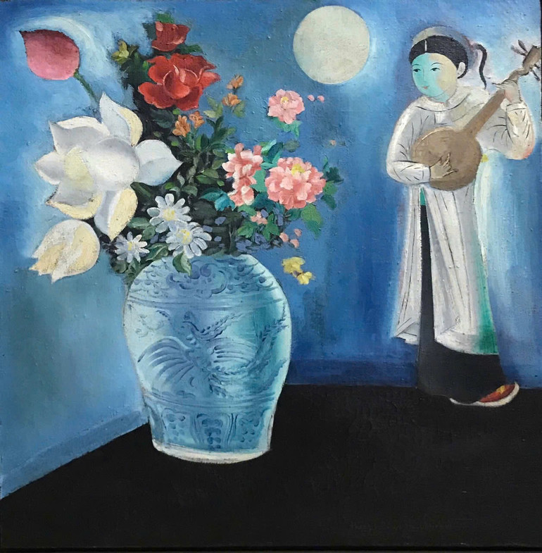 "Tố nữ và hoa" (sơn dầu) - Lê Huy Hòa.