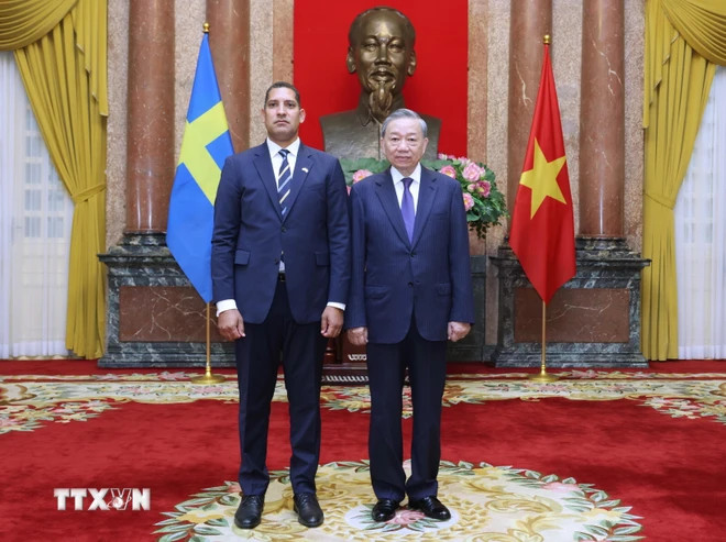 Tổng Bí thư, Chủ tịch nước Tô Lâm tiếp Đại sứ Thụy Điển Johan Ndisi. (Ảnh: TTXVN)