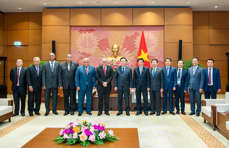 Chủ tịch Quốc hội Vương Đình Huệ và Tổng Thư ký Quốc hội và Hội đồng Nhà nước Cuba Homero Acosta Álvarez cùng đại biểu hai nước chụp ảnh lưu niệm tại buổi tiếp.