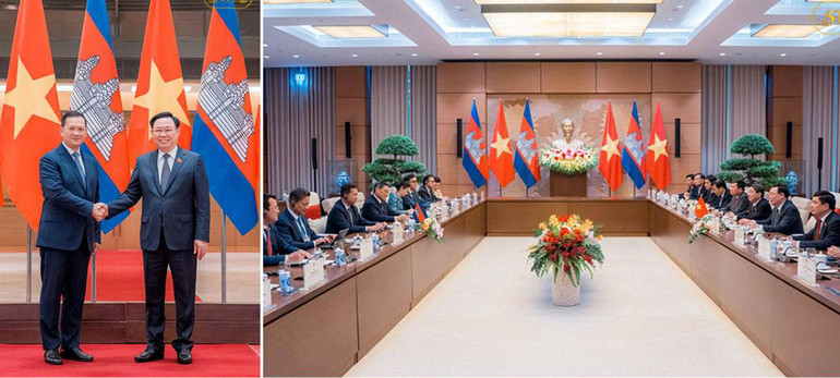 Thủ tướng Hun Manet chào xã giao Chủ tịch Quốc hội Vương Đình Huệ.